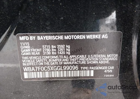 2016 BMW 750I z USA, uszkodzony, nr VIN WBA7F0C5XGGL99096
